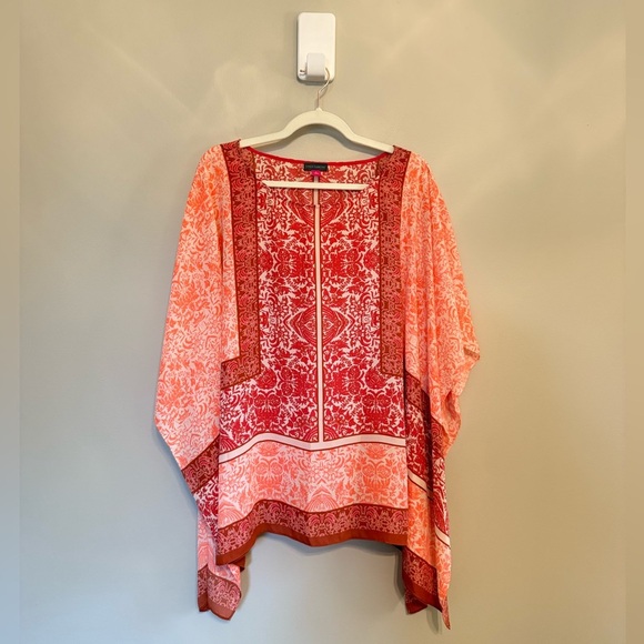 Vince Camuto • Orange Neon Pink Floral Poncho Blouse Size Small Boho Lightweight - Picture 1 of 7